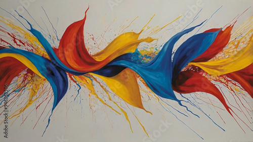 An abstract expressionist painting featuring vibrant colors of red, yellow, and blue, with dynamic brushstrokes and splatters creating a sense of energy and movement.