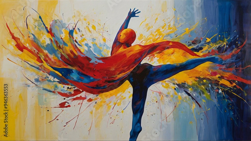 Dynamic abstract painting of a dancer in motion, blending vibrant colors and expressive brushstrokes to convey energy and movement.