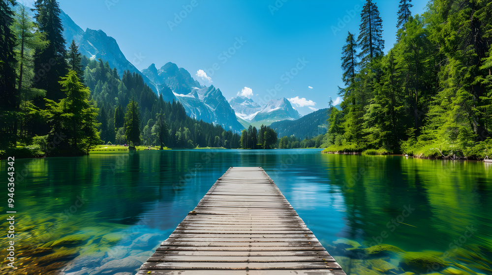 Lake With Dock And Mountains The Background Lake With Dock And Mountains The Background