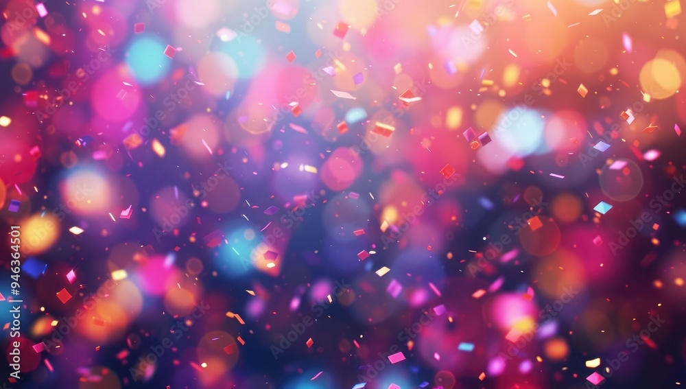 Abstract background with colorful bokeh lights and glowing particles on a dark blue background. The style is reminiscent Abstract background with colorful bokeh lights and glowing particles on a dark blue background. The style is reminiscent