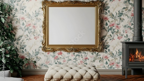 Mockup of an ornate gold picture frame surrounded by a cozy farmhouse living room decor including floral wallpaper a tufted ottoman and a wood burning stove in a cinematic 3D