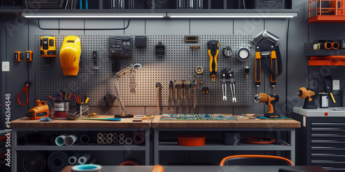 A workspace of an electrician, featuring a workbench with neatly arranged tools, and circuit board in progress,.