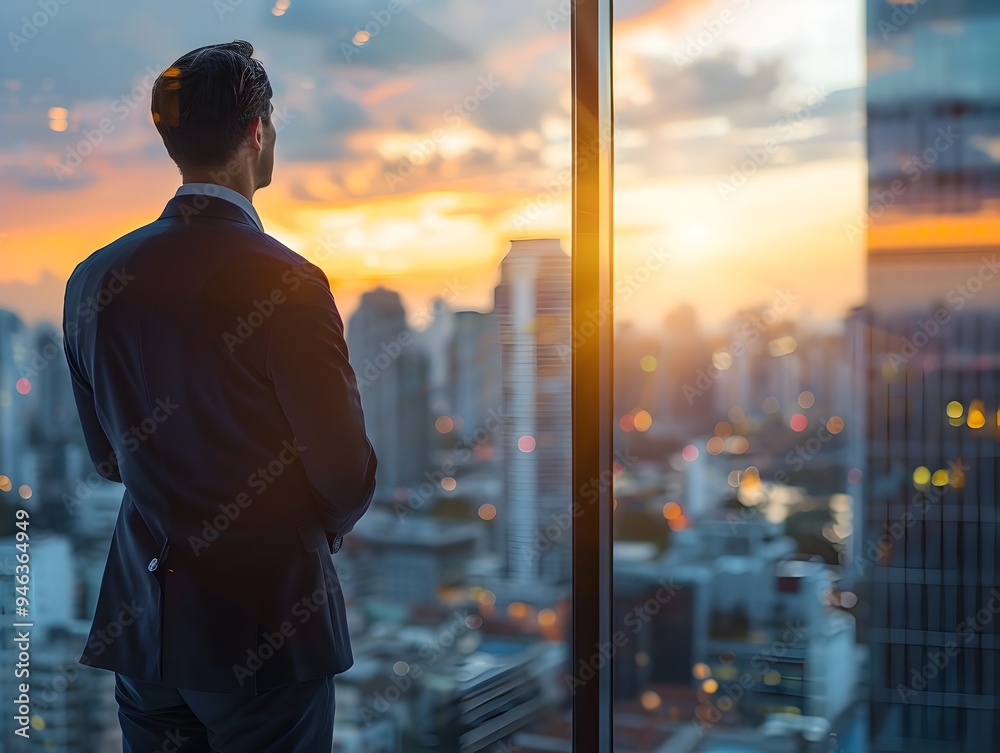 Business Leader Reflecting on Company s Success from High Rise Office Window Business Leader Reflecting on Company s Success from High Rise Office Window
