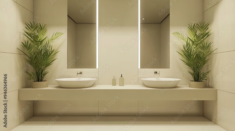 Obraz premium Sleek, minimalist bathroom with two identical sinks, clean lines, and neutral tones.