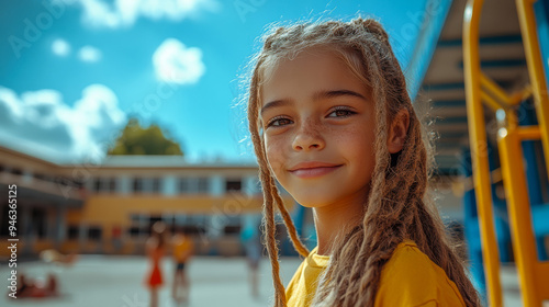 A young girl with braided hair stands in a schoolyard, smiling under a bright blue sky on a sunny day..