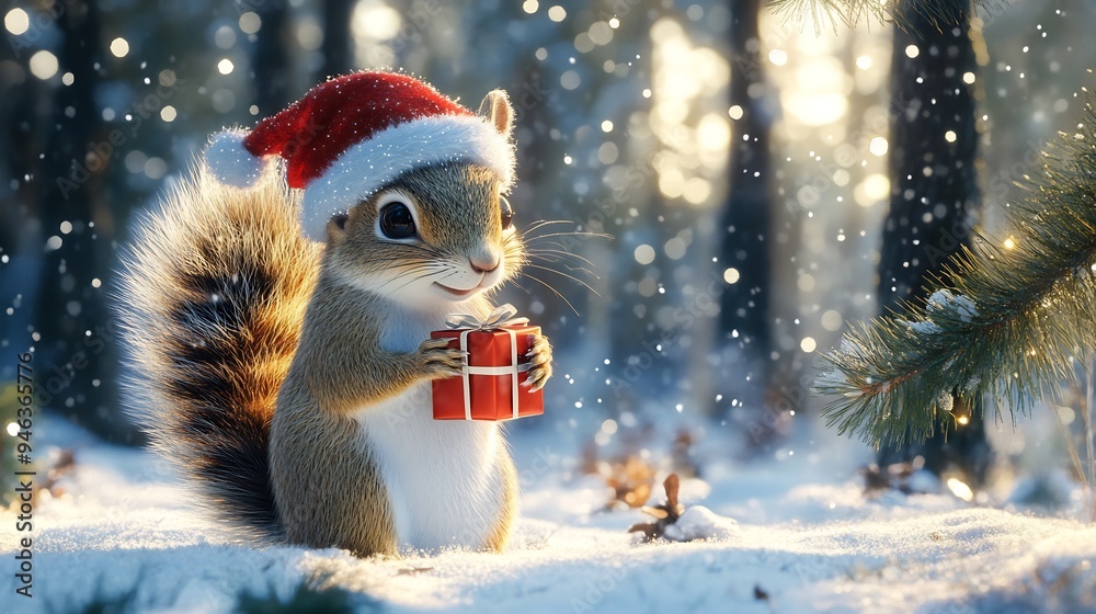 A Christmas Squirrel with a Gift in the Winter Forest A Christmas Squirrel with a Gift in the Winter Forest