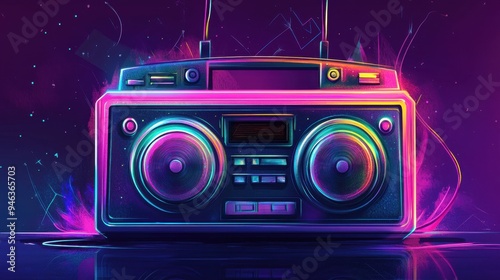 A colorful boombox glows with neon lights, set against a dark backdrop, capturing the essence of retro music culture photo