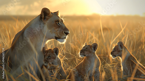 The mother lion is playing with her cubs in the grassland