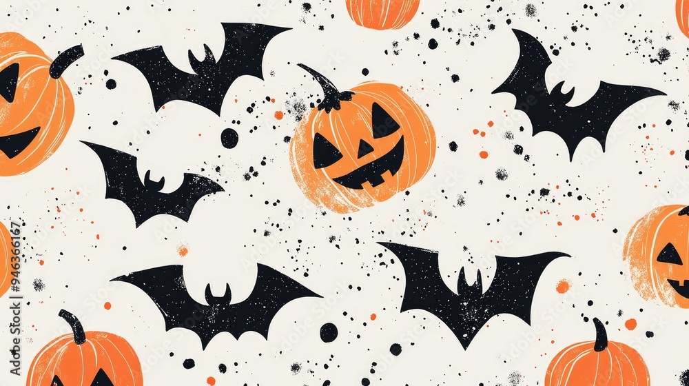 Graphic Halloween pattern with abstract bats and pumpkins, using bold colors and minimalist design. Graphic Halloween pattern with abstract bats and pumpkins, using bold colors and minimalist design.
