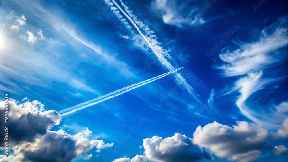 Vibrant blue sky adorned with wispy white clouds and a stark contrail etched by a soaring jet, leaving a subtle path through the atmosphere. Vibrant blue sky adorned with wispy white clouds and a stark contrail etched by a soaring jet, leaving a subtle path through the atmosphere.