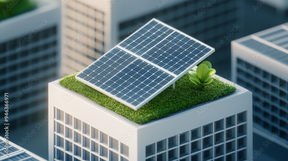 Fototapeta premium Eco-friendly building, solar panels and green rooftop, 3D illustration