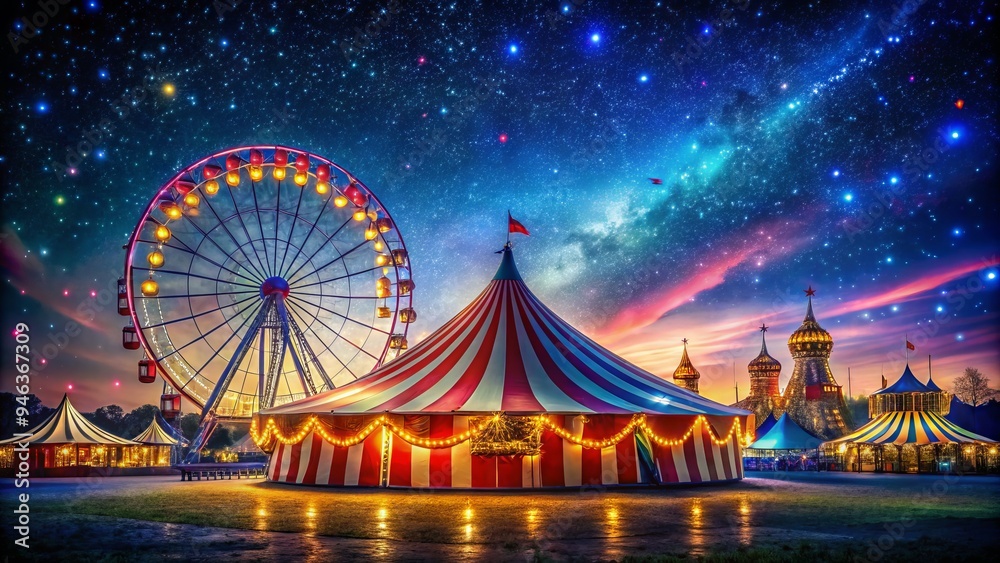 Vibrant circus tent aglow with colorful lights under starry night sky, Ferris wheel and merry-go-round silhouettes beckon against a dark blue background. Vibrant circus tent aglow with colorful lights under starry night sky, Ferris wheel and merry-go-round silhouettes beckon against a dark blue background.