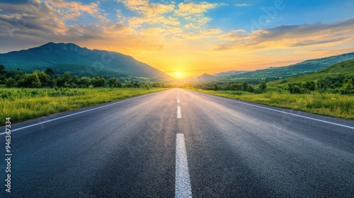 View of a long straight deserted asphalt road with the evening sun sky background wallpaper AI generated image