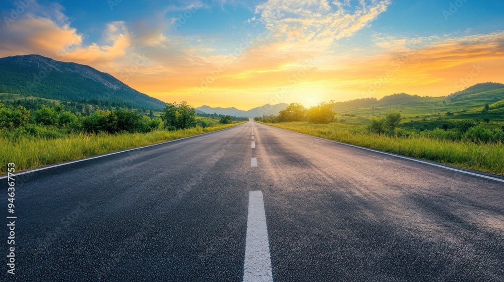 Naklejka premium View of a long straight deserted asphalt road with the evening sun sky background wallpaper AI generated image