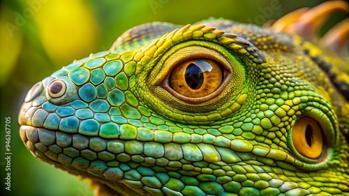 Vibrant close-up of a green iguana's piercing yellow eyeball with vertical pupil, surrounded by scaly skin and eyelids, with a blurred leafy background.