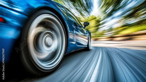 A blue car speeds down a road, the motion blur emphasizing the car's speed.