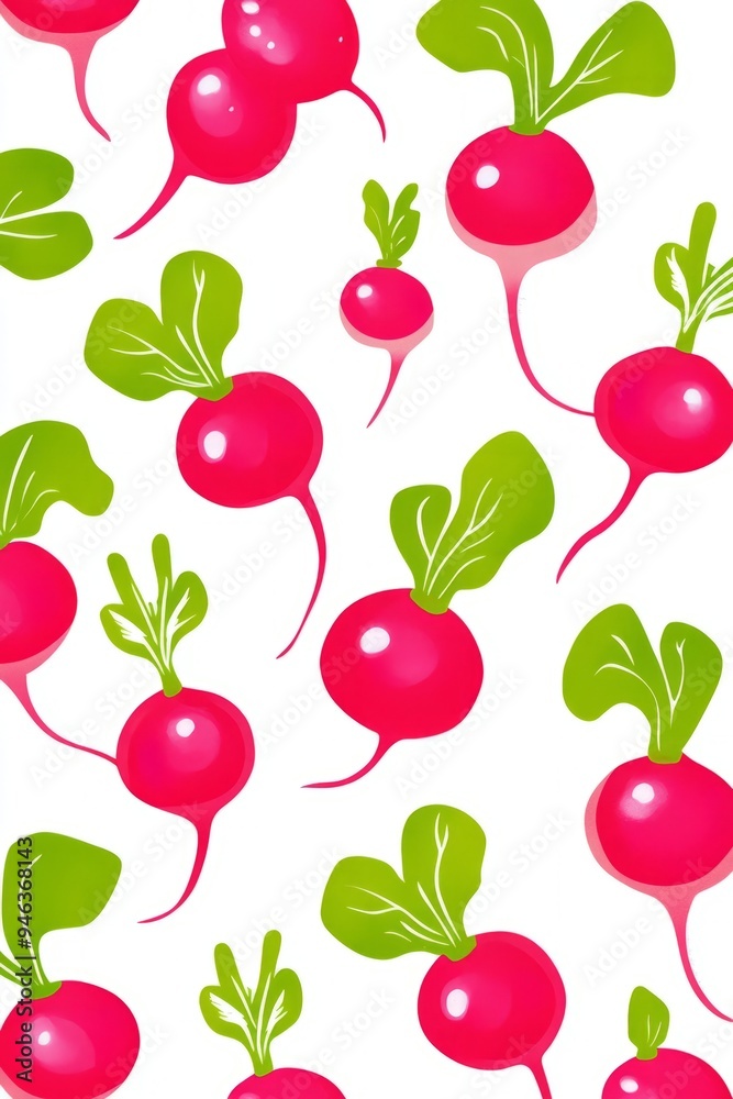 A pattern of radishes with a green leaf A pattern of radishes with a green leaf