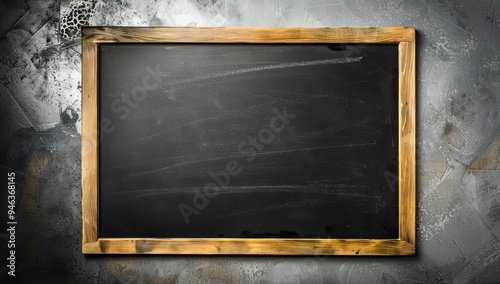 Dark slate blackboard with a natural wooden frame set against a cool silver background, perfect for educational mockups Space for design on the right