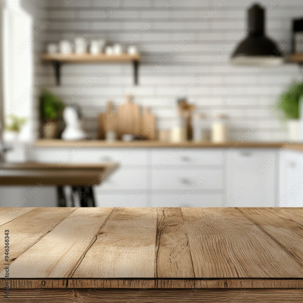 Wood table top space for products display with blur background of modern kitchen. Wood table top space for products display with blur background of modern kitchen.