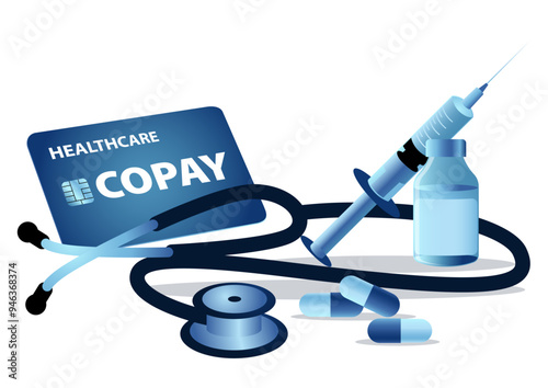 Vector illustration of a stethoscope, medicine, capsules, and syringe with a healthcare copay card. Concept for health insurance , medical services, pharmaceutical campaigns, and modern health