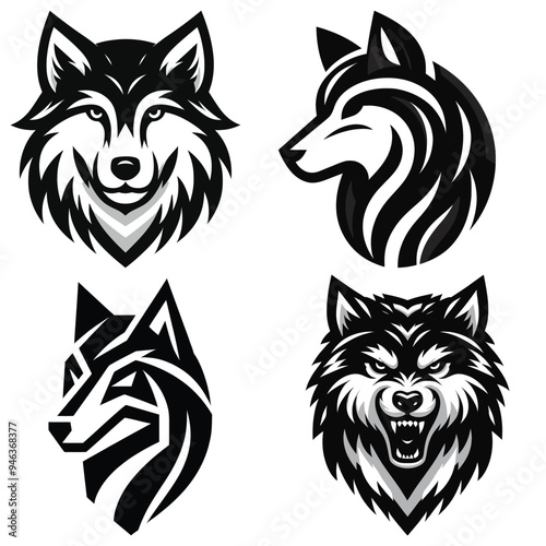 Stylized wolf head illustrations, black and white, vector art, perfect for logo or tattoo design