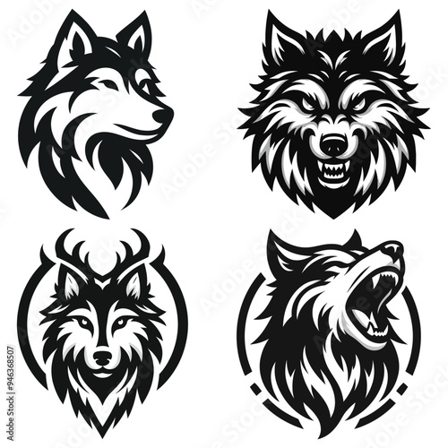 Vector wolf head illustrations, black and white monochrome, isolated on white background