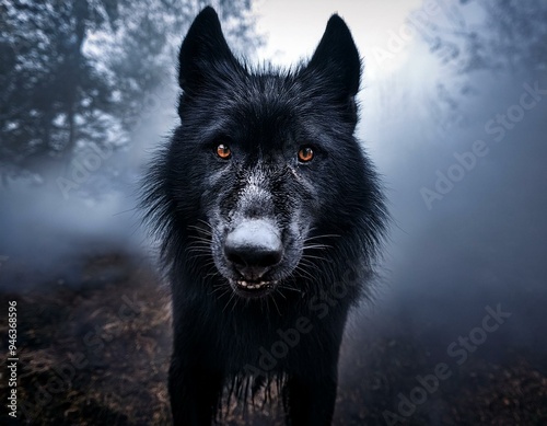 Lobo enfurecido, en mitad del bosque, con niebla photo