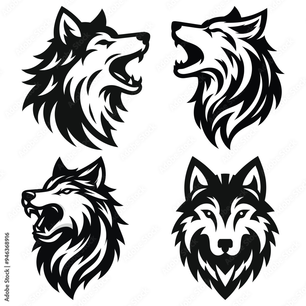 Obraz premium Wolf head silhouette vector illustration, black and white, aggressive and stern, perfect for tattoo design