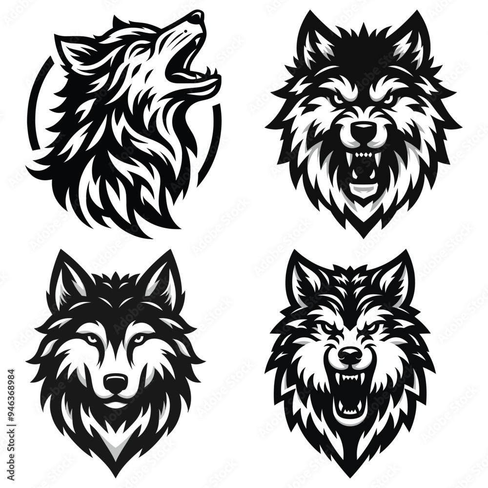 Black and white wolf head illustrations in vector style, multiple expressions, logo design set