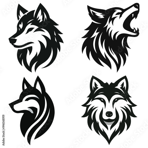 Wolf head silhouettes vector illustration black and white multiple expressions isolated background