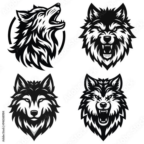 Black and white wolf head illustrations in vector style, multiple expressions, logo design set