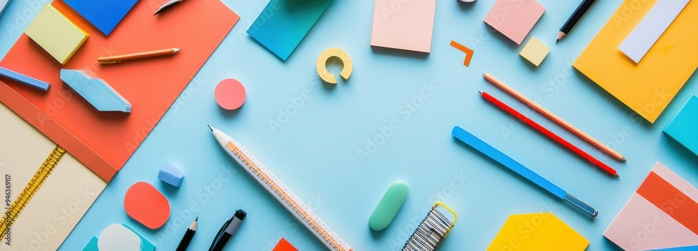 Colorful Stationery and Geometric Shapes on Blue Background Colorful Stationery and Geometric Shapes on Blue Background