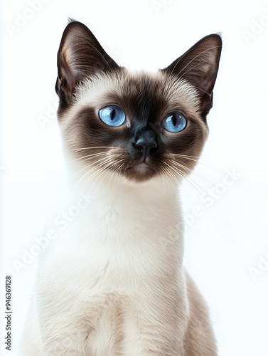 A close-up portrait of a Siamese cat with striking blue eyes against a white background.