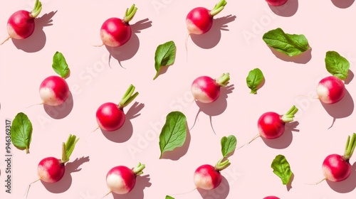 A pattern of radishes with a green leaf