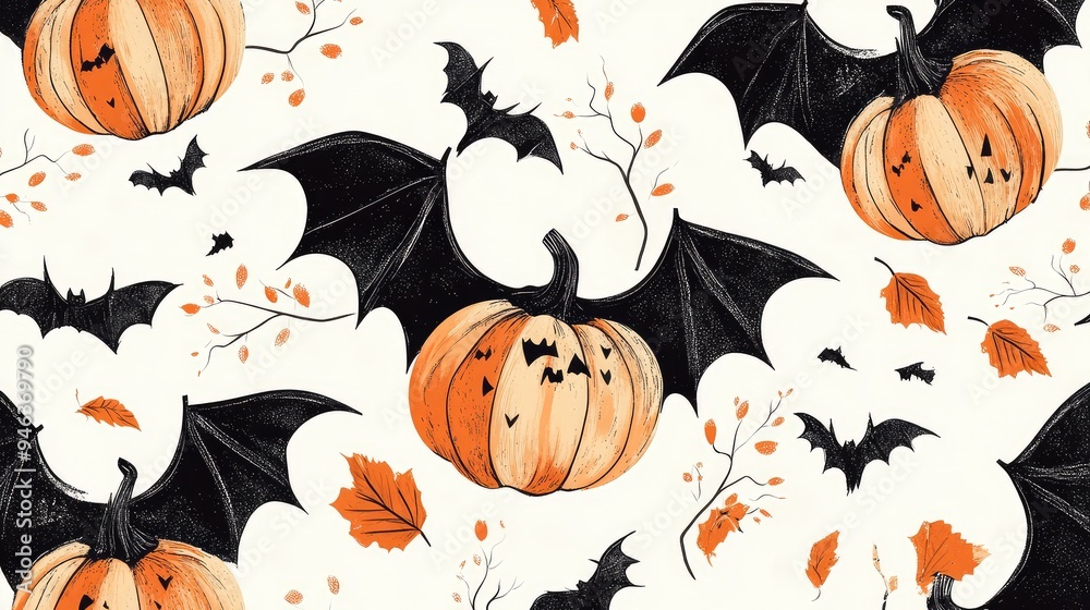 Trendy Halloween pattern featuring artistic bats and pumpkins in a modern, abstract style. Trendy Halloween pattern featuring artistic bats and pumpkins in a modern, abstract style.