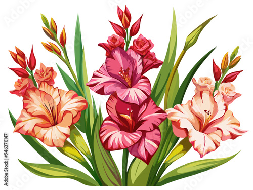 Vibrant Gladiolus Flower Illustration With Leaves- Colorful and detailed illustration of a gladiolus flower with vibrant petals and green leaves, capturing the essence of nature's beauty and elegance.