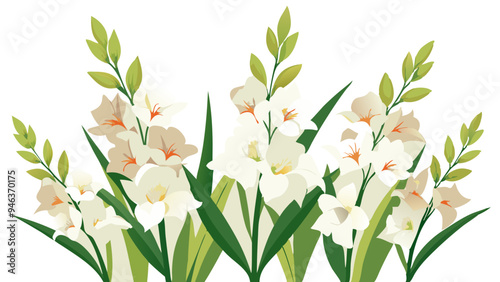Vibrant Gladiolus Flower Illustration With Leaves- Colorful and detailed illustration of a gladiolus flower with vibrant petals and green leaves, capturing the essence of nature's beauty and elegance.