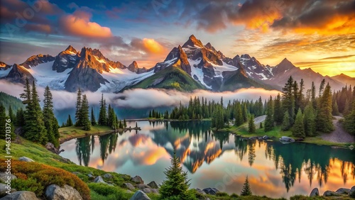 Vibrant dawn breaks over rugged mountain peaks, casting golden hues on snow-capped summits, misty valleys, and serene alpine lakes in a breathtaking natural landscape.