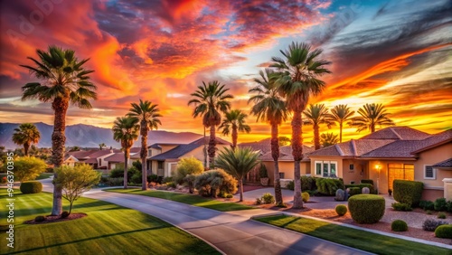 Vibrant desert sunset casts a warm glow on a tranquil suburban neighborhood of residential homes, manicured lawns, and palm trees in Las Vegas outskirts. photo