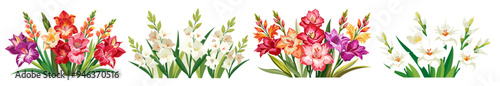 Vibrant Gladiolus Flower Illustration With Leaves- Colorful and detailed illustration of a gladiolus flower with vibrant petals and green leaves, capturing the essence of nature's beauty and elegance.
