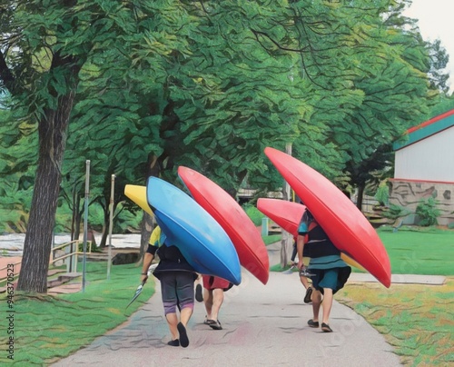 Foto Whitewater kayakers portaging their boats down a park path
