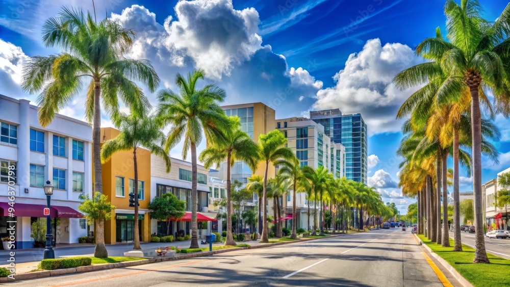 Obraz premium Vibrant downtown area in Doral, Florida, with palm trees lining the streets, modern buildings, and a bustling atmosphere, showcasing the city's urban charm and tropical flair.