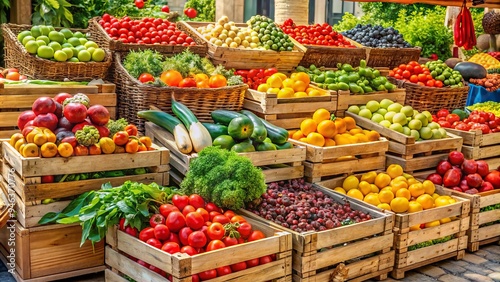 Vibrant display of fresh colorful fruits and vegetables arranged artfully on wooden crates and baskets at a bustling outdoor market on a sunny day.