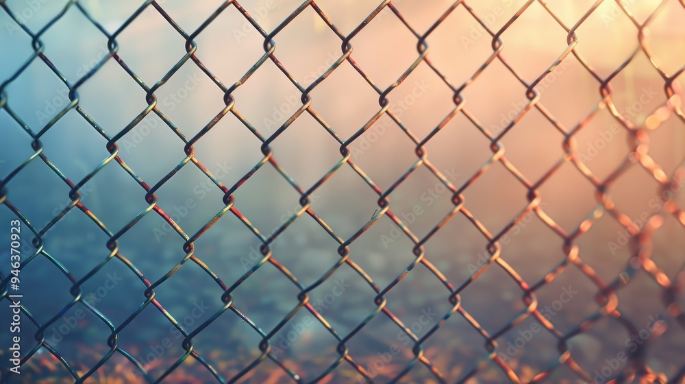 A chain-link fence against a softly lit, blurred background, capturing the warm hues of sunset and creating a delicate, atmospheric effect. A chain-link fence against a softly lit, blurred background, capturing the warm hues of sunset and creating a delicate, atmospheric effect.