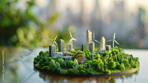 Miniature model of a sustainable city with wind turbines and greenery.