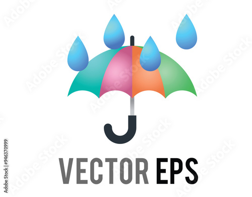 Isolated vector gradient colorful umbrella icon with blue water droplets