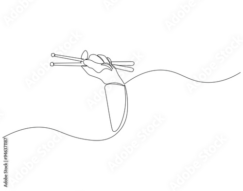 Continuous line drawing of hand holding drum sticks. Single line illustration of hand hold drum sticks. National drumming day concept. Editable outline