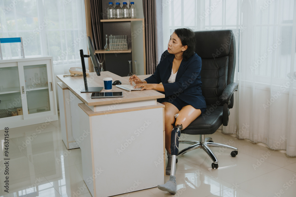 A disabled female businesswoman is sitting at work in an office. A disabled female businesswoman is sitting at work in an office.