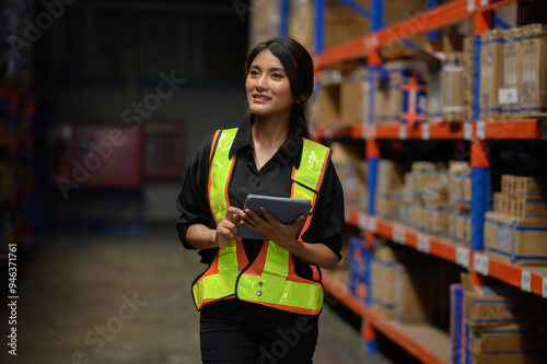 Woman standing holding an iPad, Logistics engineering transportation of import export shipping industry, Female safety transport engineer standing beside a paper clipboard photo