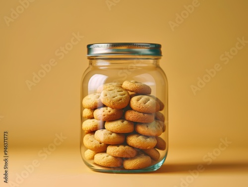 A jar filled with golden cookies against a matching background, showcasing the simplicity and warmth of homemade treats in a minimalist setting.